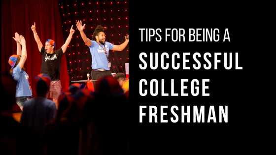 Tips for being a successful college freshman, three Houston baptist university students celebrating on the stage of Dunham Theater