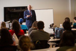 Dr. Sloan speaking to students in the HBU Honors College
